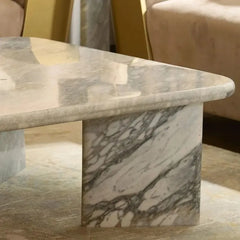 ORML Coffee Table - Close-Up of Rounded Corner and Slab Leg, Grey Veined Marble