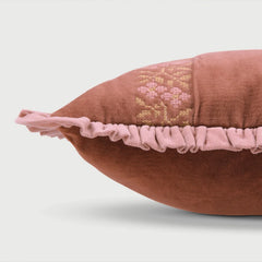 Heather Rhubarb Cross Stitch Oblong Cushion Cover with floral cross-stitch embroidery and ruffled edge