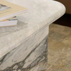 ORML Coffee Table - Tabletop Edge Detail with Books, Soft Grey Marble
