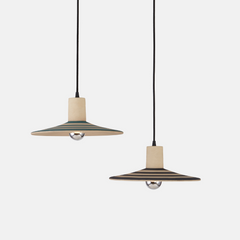 Two pendant lights with striped design on a white background