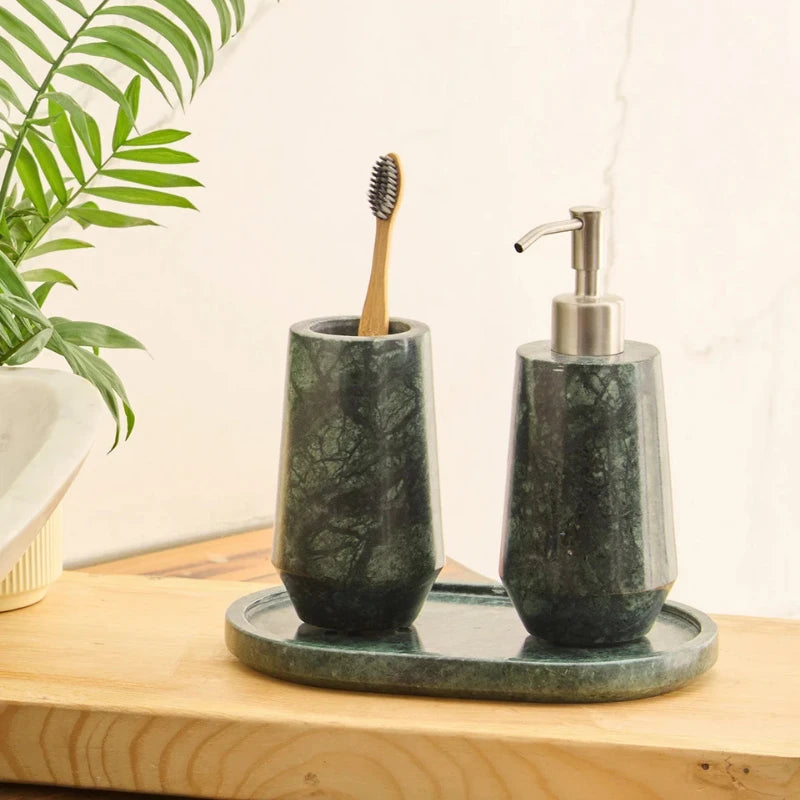 Otel Green Dispenser Set - Faceted Green Marble Dispenser and Tumbler on Wooden Counter