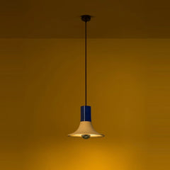 Wine Pendant Light navy blue version lit with warm glow, full view