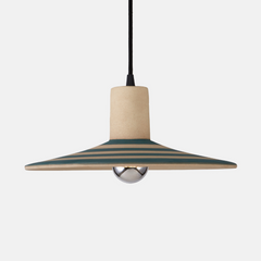 Pendant light with green striped design on a white background