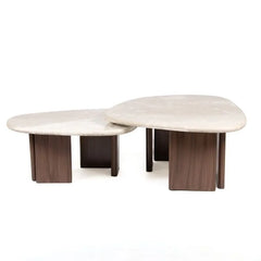 ORBEI Study Table - Nesting Pair on White Background, Beige Stone Tops and Dark Brown Block Legs