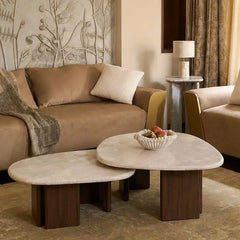 ORBEI Study Table - Nested Oval Tables with Beige Stone Tops and Dark Wood Legs in Living Room