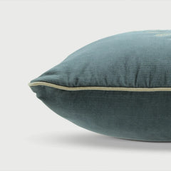 Teal pillow with a white trim on a light gray background