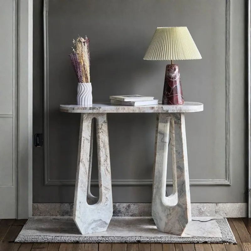 Alden Console - Styled Against Grey Panelled Wall, Grey Veined Marble with Arch Cut-Out Legs