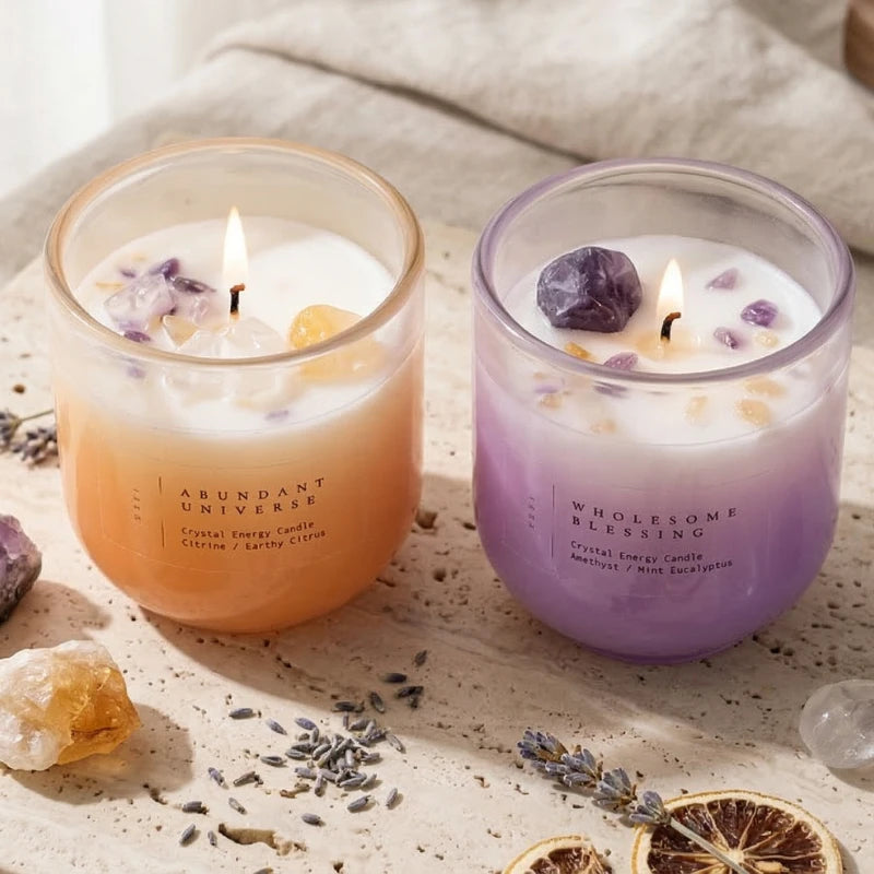 Amethyst & Citrine Candles - Crystal Energy - Set of 2, lit citrus and violet candles with crystals, lavender and dried orange