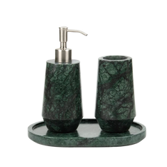 Otel Green Dispenser Set - Three-Piece Set Cut-Out, Green Marble with Steel Pump and Oval Tray