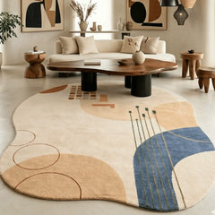 Modern living room with a geometric patterned rug, wooden coffee table, and abstract art on the walls.