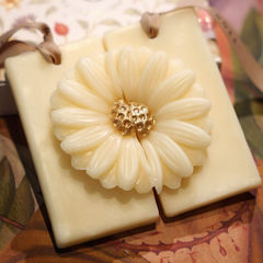 Scented Memories Wax Tablet, close-up of cream wax tablets with raised daisy and gold centre