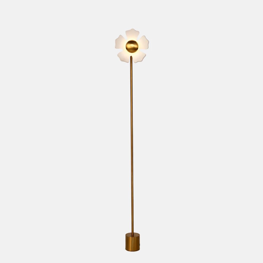 Gold flower floor lamp with a unique design and brushed gold stem
