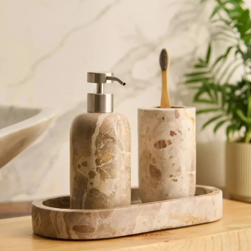 Koru Beige Dispenser Set - Beige and Brown Marble Dispenser and Tumbler on Oval Tray