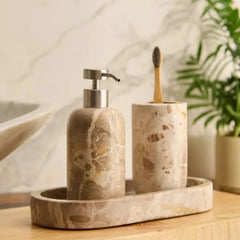 Koru Beige Dispenser Set - Beige and Brown Marble Dispenser and Tumbler on Oval Tray