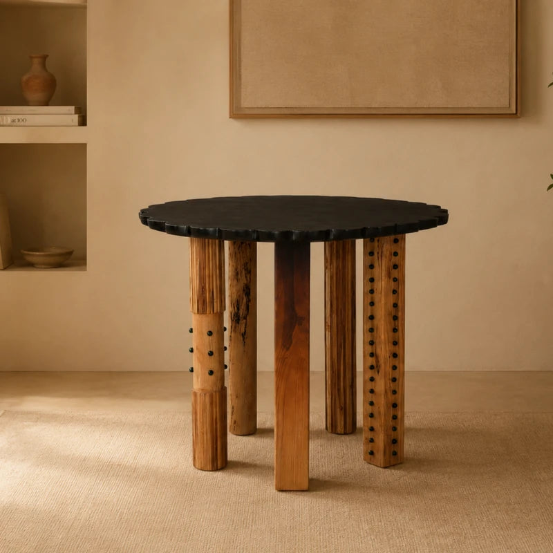 Colonnade Dining Table with scalloped matte black top on mixed white ash pillar legs in a warm dining room