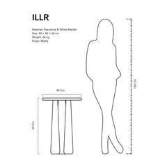 Illr Side Table - Dimension Diagram, 40 x 40 x 60 cm Pea-White and White Marble