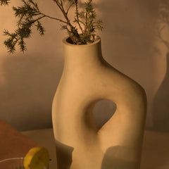 Beige abstract Savanna Vase with plant against a warm-toned background
