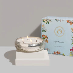 Mercury - Bowl Candle - Silver - Night Jasmine, lit multi-wick silver mercury glass bowl beside Night Jasmine box