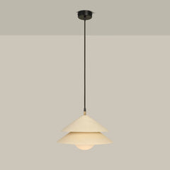 Globe Pendant light, tiered ceramic shades over globe diffuser on black cord, full view