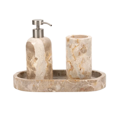 Koru Beige Dispenser Set - Three-Piece Set Cut-Out, Beige Marble with Steel Pump