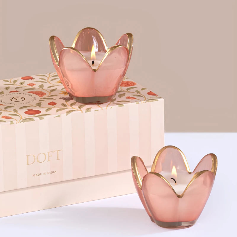Eternal Bloom - Votive Candle - Pink - English Rose - Set of 2, two lit pink petal votives, one on a floral gift box