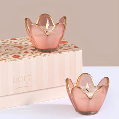 Eternal Bloom - Votive Candle - Pink - English Rose - Set of 2, two lit pink petal votives, one on a floral gift box