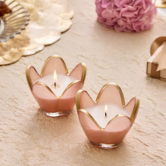 Eternal Bloom - Votive Candle - Pink - English Rose - Set of 2, two lit gold-rimmed petal votives on a textured surface