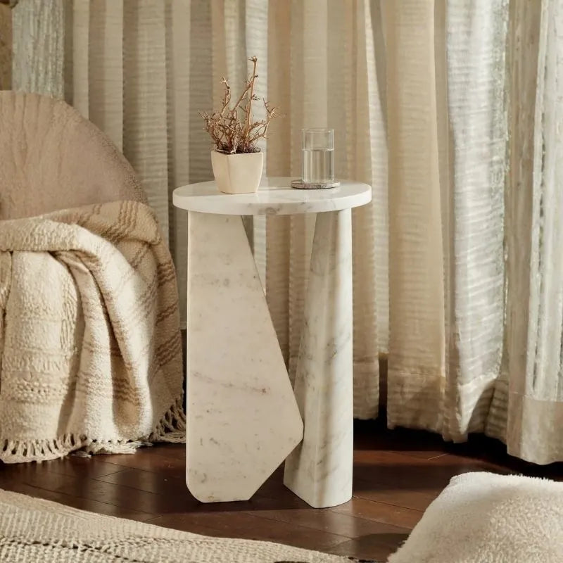 Nula Side Table - White Marble Table with Plant Beside Armchair and Curtains