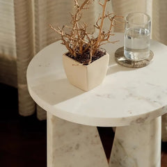 Nula Side Table - Tabletop Close-Up with Potted Branch and Glass of Water