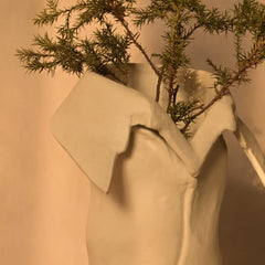 Ceramic vase with hand-textured surface and plant against a warm-toned background