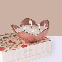 Eternal Bloom - Bowl Candle - Pink - English Rose, lit four-wick petal bowl resting on Doft gift box