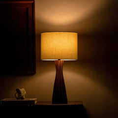 Decorative Tern Table Lamp with a warm glow on a dark surface against a dark wall