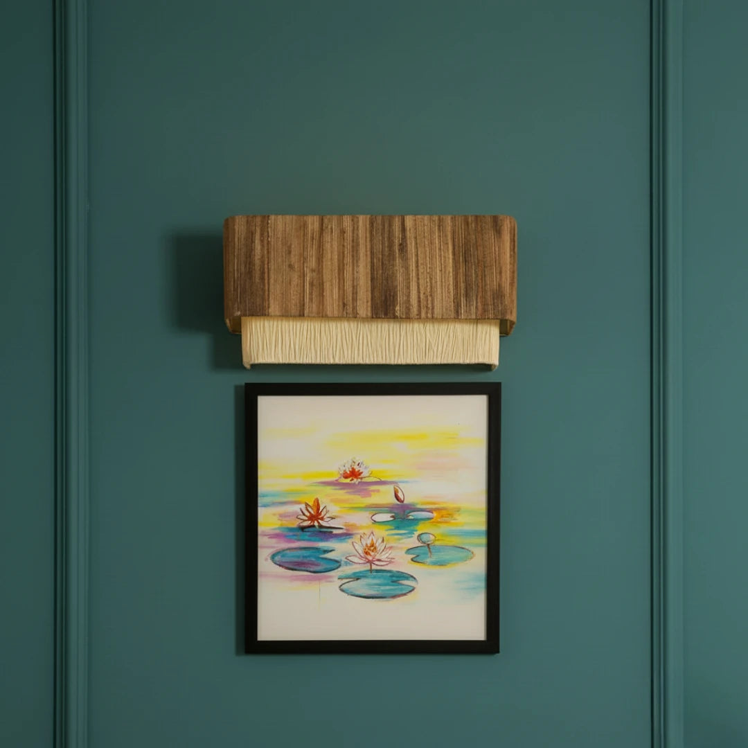 Unique Tokyo Wall Lamp like with a wooden shelf on a teal wall .