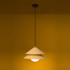 Globe Pendant light lit, glowing globe beneath tiered ceramic shades, full view