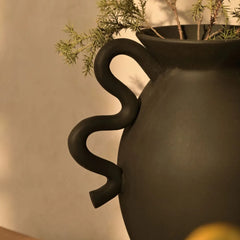 Decorative Asteria Vase with a curved handle and plant against a beige background