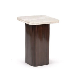 Ruvy Side Table - Front View on White Background, Cream Marble Top and Dark Brown Wood Pedestal