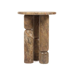 Core Side Table - Front View on White Background, Stacked Column Legs in Brown Marble