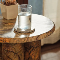 Core Side Table - Polished Round Top Edge with Water Glass, Close View