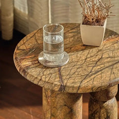 Core Side Table - Angled Top View with Glass and Planter, Natural Marble Veining