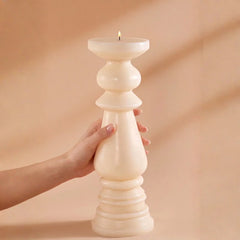 Modern - Pillar Candle - Cashew - Non Scented, hand holding the turned pillar to show scale