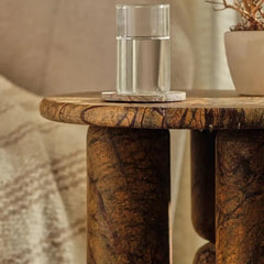 Core Side Table - Side Detail, Thick Marble Top Edge and Brown Veined Legs