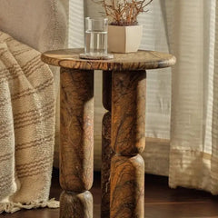 Core Side Table - Three-Quarter View with Glass and Potted Plant, Brown Marble Legs