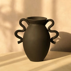 Unique Asteria Vase with curved handles on a beige background