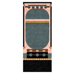 Geometric patterned rug with a black border on a white background