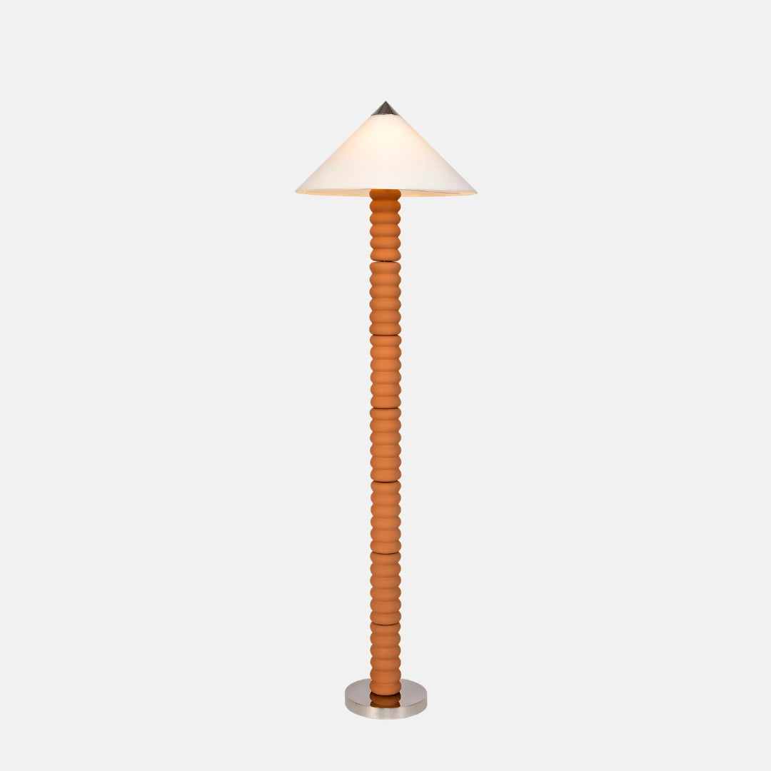 Terra Contour Floor Lamp full view showing its ribbed terracotta column and conical fabric shade

