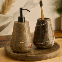 Reen Brown Bathroom Set - Close-Up with Bamboo Toothbrush, Rounded Marble Forms