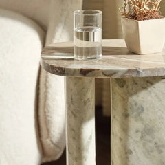 Eera Side Table - Top Edge and Leg Detail with Water Glass, Green-Grey Veining