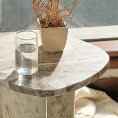 Eera Side Table - Tabletop Close-Up with Glass and Potted Plant, Soft Veining