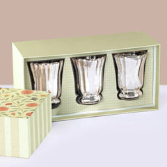 Silver Blossom - Votive Candle - Silver - Santal Blush - Set of 3, three silver glass votives in open green gift box