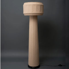 Domus Floor Lamp Small in size, full view in beige fabric and metal finish
